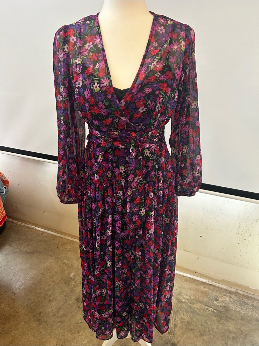 Calvin Klein Purple and Pink Floral Wrap Midi Dress